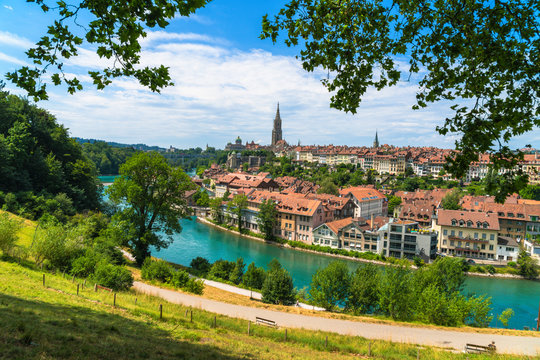 Buildings of the old Schwarzes Quartier on banks of Aare River, Bern, Canton Bern