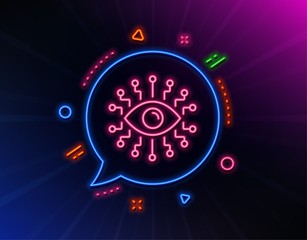 Artificial intelligence line icon. Neon laser lights. All-seeing eye sign. Glow laser speech bubble. Neon lights chat bubble. Banner badge with artificial intelligence icon. Vector