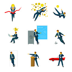 Fototapeta na wymiar Set of manager characters isolated on white background. Businessman in different poses - working, standing, running, talking. Business concept icons. Vector illustration.
