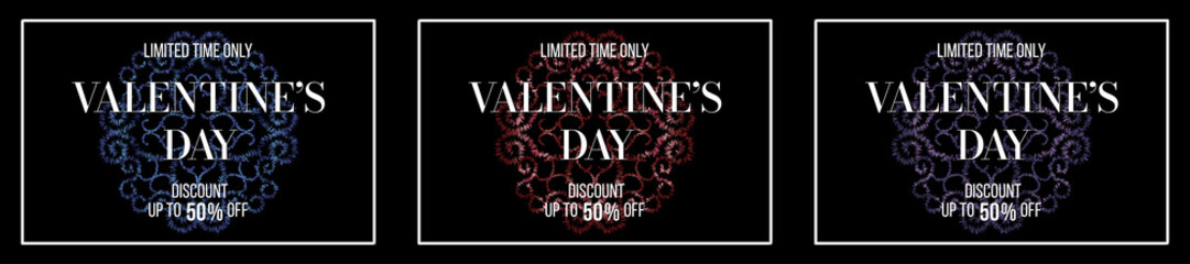 Valentine&rsquo;s day set of sale banners. Vector stock illustration. Trendy concept of sale design template for online and offline shopping in 3 colors. Promo text, decor and neon frame on black background