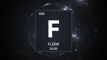 3D illustration of Fluorine as Element 9 of the Periodic Table. Silver illuminated atom design background with orbiting electrons. Name, atomic weight, element number in Spanish language