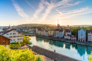 Sunrise over Limmat River seen from Lindenhof Hill, Zurich
