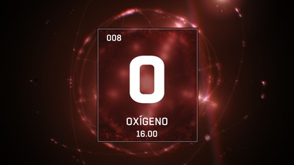 3D illustration of Oxygen as Element 8 of the Periodic Table. Red illuminated atom design...