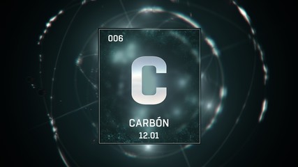 3D illustration of Carbon as Element 6 of the Periodic Table. Green illuminated atom design background with orbiting electrons. Name, atomic weight, element number in Spanish language