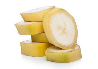 Fresh ripe organic banana sliced pieces on white background with reflection.