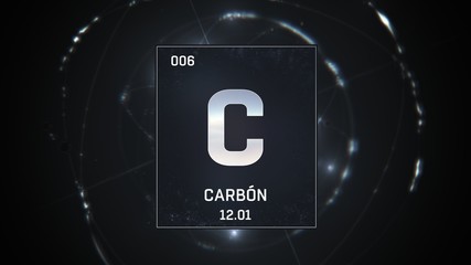 3D illustration of Carbon as Element 6 of the Periodic Table. Silver illuminated atom design background with orbiting electrons. Name, atomic weight, element number in Spanish language
