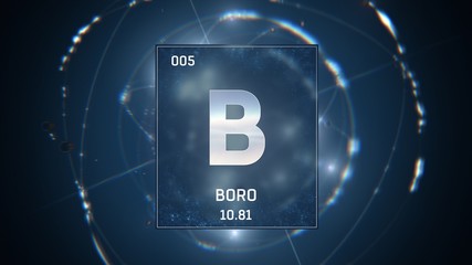 3D illustration of Boron as Element 5 of the Periodic Table. Blue illuminated atom design background with orbiting electrons. Name, atomic weight, element number in Spanish language