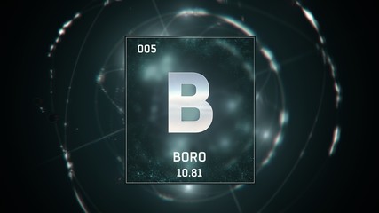 3D illustration of Boron as Element 5 of the Periodic Table. Green illuminated atom design background with orbiting electrons. Name, atomic weight, element number in Spanish language