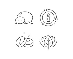 Medical tablet line icon. Chat bubble, info sign elements. Medicine drugs sign. Pharmacy medication symbol. Linear medical tablet outline icon. Information bubble. Vector
