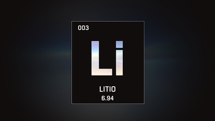 3D illustration of Lithium as Element 3 of the Periodic Table. Grey illuminated atom design background with orbiting electrons. Name, atomic weight, element number in Spanish language