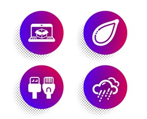 Online delivery, Computer cables and Pumpkin seed icons simple set. Halftone dots button. Rainy weather sign. Parcel tracking website, Rj45 internet, Vegetarian food. Rain. Business set. Vector