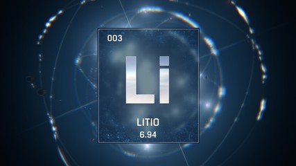 3D illustration of Lithium as Element 3 of the Periodic Table. Blue illuminated atom design background with orbiting electrons. Name, atomic weight, element number in Spanish language