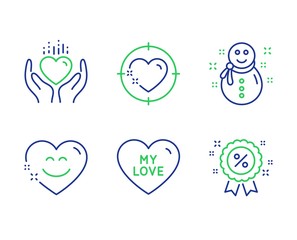 Heart target, Hold heart and Snowman line icons set. My love, Smile chat and Discount signs. Love aim, New year, Sale shopping. Holidays set. Line heart target outline icons. Vector
