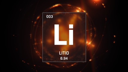 3D illustration of Lithium as Element 3 of the Periodic Table. Orange illuminated atom design...