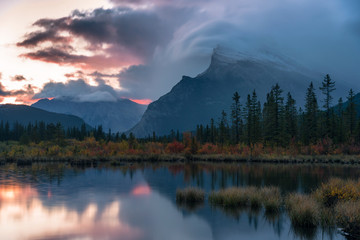 Sunrise and storm clouds at Vermillion Lakes with Mount Rundle in autumn, Banff National Park, Alberta, Rocky Mountains, Canada