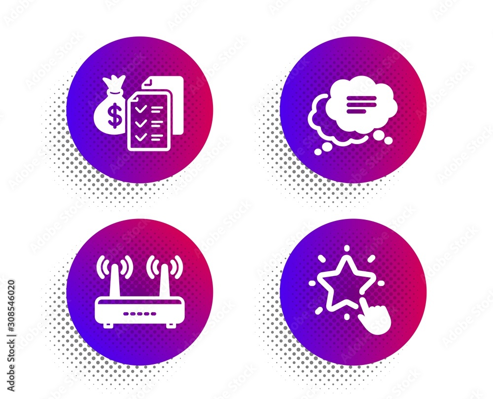 Poster accounting wealth, text message and wifi icons simple set. halftone dots button. ranking star sign. 