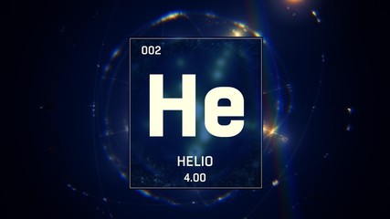 3D illustration of Heliumn as Element 2 of the Periodic Table. Blue illuminated atom design background with orbiting electrons. Name, atomic weight, element number in Spanish language