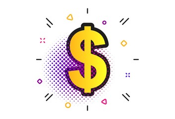 Dollars sign icon. Halftone dots pattern. USD currency symbol. Money label. Classic flat dollar icon. Vector