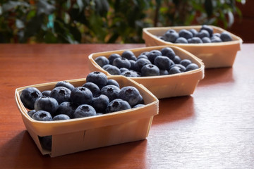 Blueberries lie on the table in portion boxes of birch bark. Delicious and healthy food contains a lot of vitamins. Russia.