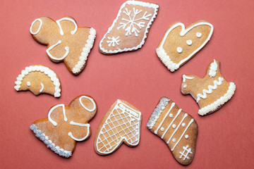 Christmas candy. Christmas frame with gingerbread cookies. Merry Christmas greeting card, banner. Winter holiday xmas theme. Happy New Year. Space for text