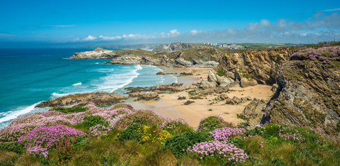 Spectacular clifftop coastal scenery at Newquay in West Cornwall