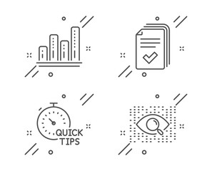 Graph chart, Handout and Quick tips line icons set. Artificial intelligence sign. Growth report, Documents example, Helpful tricks. Find data. Technology set. Line graph chart outline icon. Vector