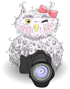Cute gray owl with a camera and bow, hand-drawing, watercolor, sketch