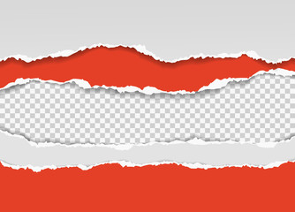 Pieces of torn horizontal white red paper with soft shadow are on squared background for text. Vector illustration