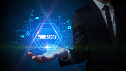 Fototapeta premium Man hand holding YOUR STORY inscription, social media concept