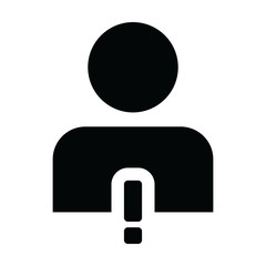 Error icon vector male person profile avatar symbol with alert sign in a glyph pictogram illustration