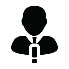 Problem icon vector male person profile avatar symbol with alert sign in a glyph pictogram illustration