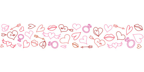 Seamless pattern ornament monoline with red and pink hearts, arrows, wings and rings for Valentine'a Day greeting cards or backgrounds, stock vector illustration