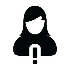 User  icon vector female person profile avatar symbol with alert sign in a glyph pictogram illustration