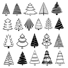Set of isolated hand drawn Christmas tree icon in 21 styles on white for design, stock vector illustration