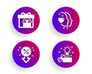 Heart, Discount and Delivery boxes icons simple set. Halftone dots button. Creative idea sign. Love head, Sale shopping, Birthday gifts. Present box. Holidays set. Classic flat heart icon. Vector