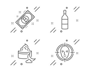 Wine bottle, Bitcoin and Night cream line icons set. Face detect sign. Cabernet sauvignon, Cryptocurrency coin, Face lotion. Select target. Line wine bottle outline icon. Vector