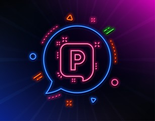 Parking line icon. Neon laser lights. Car park speech bubble sign. Transport place symbol. Glow laser speech bubble. Neon lights chat bubble. Banner badge with parking icon. Vector