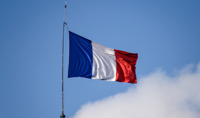 Flag of France waiving against sky on windy day