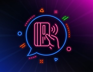 Contactless payment card line icon. Neon laser lights. Money sign. Glow laser speech bubble. Neon lights chat bubble. Banner badge with contactless payment icon. Vector