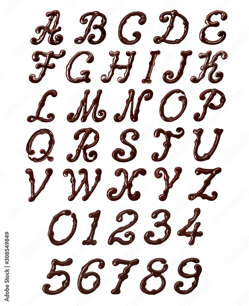Fototapete latin alphabet and numbers made of elegant chocolate font with swirls
