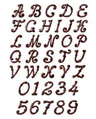 Latin alphabet and numbers made of elegant chocolate font with swirls