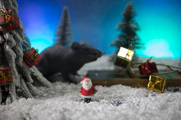 The rat is a symbol Of the new year 2020. decorative cute brown rat around with a Christmas decor and Santa Claus.