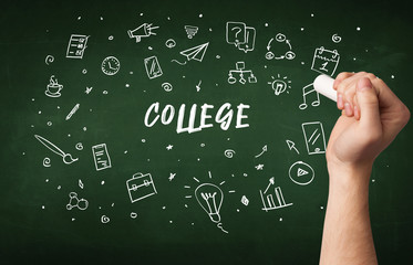 Hand drawing COLLEGE inscription with white chalk on blackboard, education concept