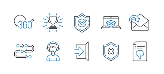 Set of Business icons, such as Reject protection, Online delivery, Exit, Receive mail, Full rotation, Confirmed, Consultant, Methodology, Trophy, Thumb down line icons. Vector
