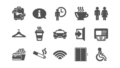 Public services icons. Elevator, Taxi and Wifi internet. Fast food classic icon set. Quality set. Vector