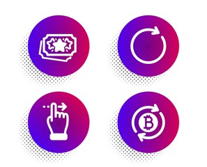 Loyalty points, Synchronize and Touchscreen gesture icons simple set. Halftone dots button. Refresh bitcoin sign. Bonus coupon, Refresh or update, Slide right. Update cryptocurrency. Vector
