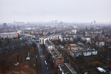 Aerial view of residential district in a foggy day.View over the city rooftops.Moderns buildings at Industrial uptown,residential neighbourhood/Urban cityscape