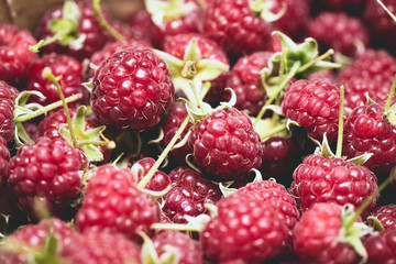 group of juicy raspberries close up
