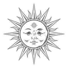 Antique style sun hand drawn line art. Boho chic tattoo, poster, altar veil, tapestry or fabric print design vector illustration.