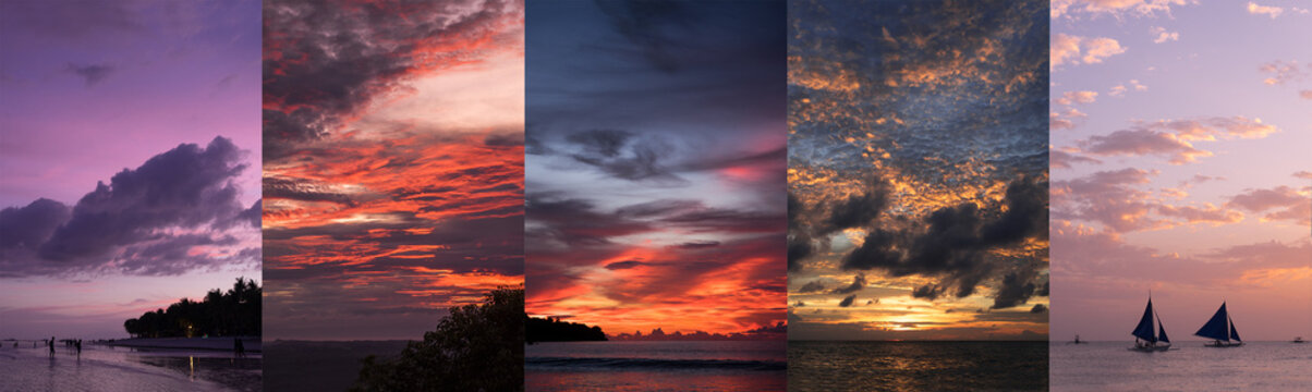 Sunset concept in different photos and time of day together. Sunset collage with space and technological progress.